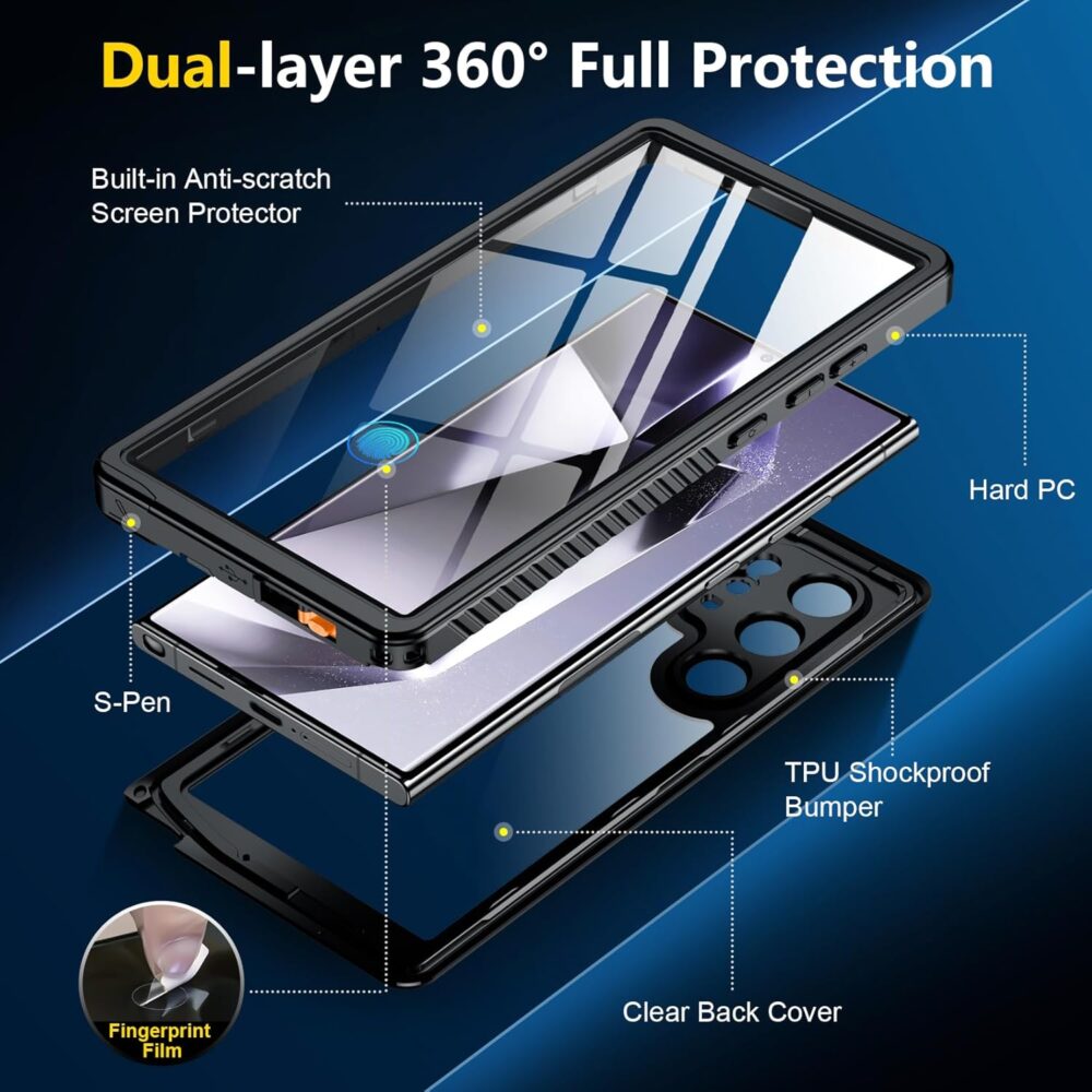 SPIDERCASE Upgraded for Samsung Galaxy S24 Ultra Case Waterproof,Built-in Screen & Camera Protection [12FT Military Shockproof] IP68 Underwater Full-Body Cell Phone Case for Galaxy S24 Ultra,Black - Image 6