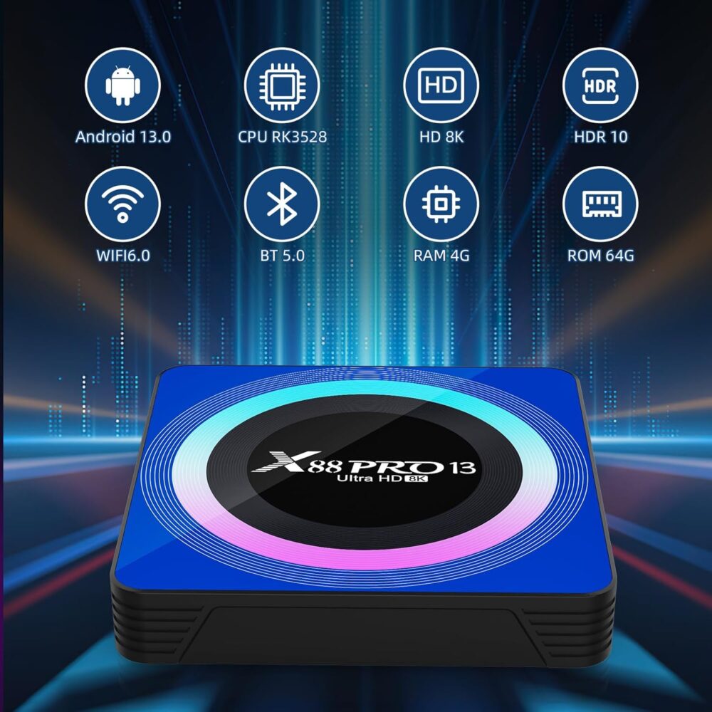 Android 13.0 TV Box, 6K 8K Android Box with 4GB RAM 64GB ROM RK3528 Quad-Core Support WiFi6 2.4Ghz/5.0Ghz HDR10 BT 5.0 H.265 USB 2.0 3.0 3D Ethernet with Mini Backlit Keyboard - Image 3
