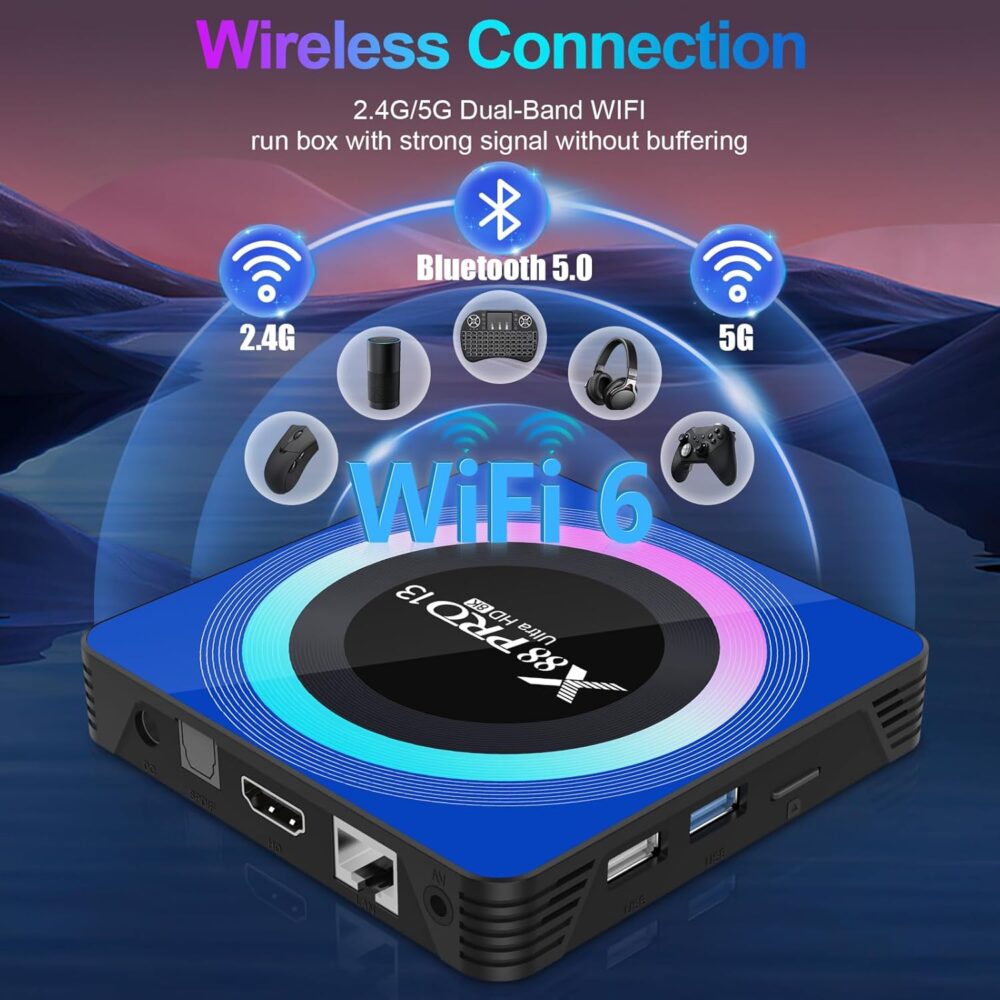 Android 13.0 TV Box, 6K 8K Android Box with 4GB RAM 64GB ROM RK3528 Quad-Core Support WiFi6 2.4Ghz/5.0Ghz HDR10 BT 5.0 H.265 USB 2.0 3.0 3D Ethernet with Mini Backlit Keyboard - Image 6