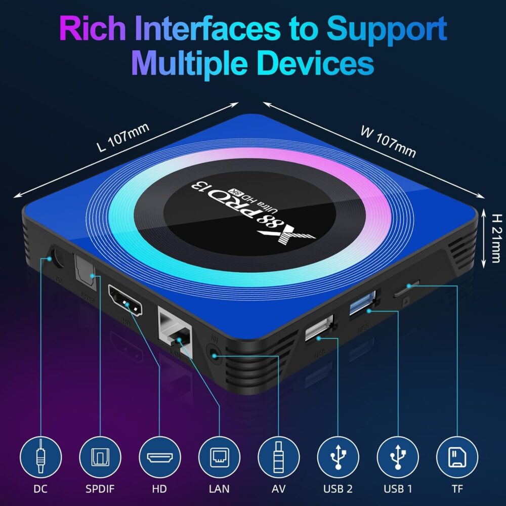 Android 13.0 TV Box, 6K 8K Android Box with 4GB RAM 64GB ROM RK3528 Quad-Core Support WiFi6 2.4Ghz/5.0Ghz HDR10 BT 5.0 H.265 USB 2.0 3.0 3D Ethernet with Mini Backlit Keyboard - Image 9