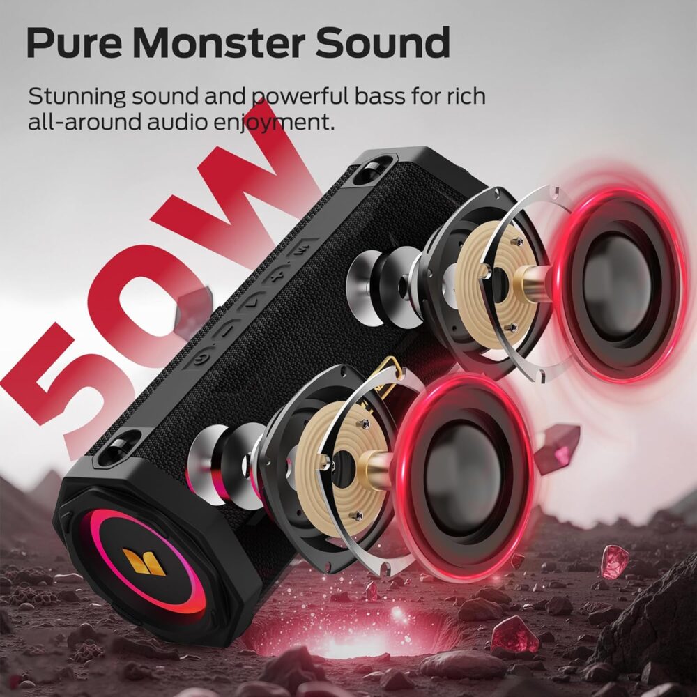 Monster Speaker S200 Wireless Portable Bluetooth Speaker, 24H Playtime, IPX6 Waterproof, 50W Stereo Sound, Bluetooth 5.4, Dual Bass Speakers, Perfect for Home, Parties, and Travel. - Image 3