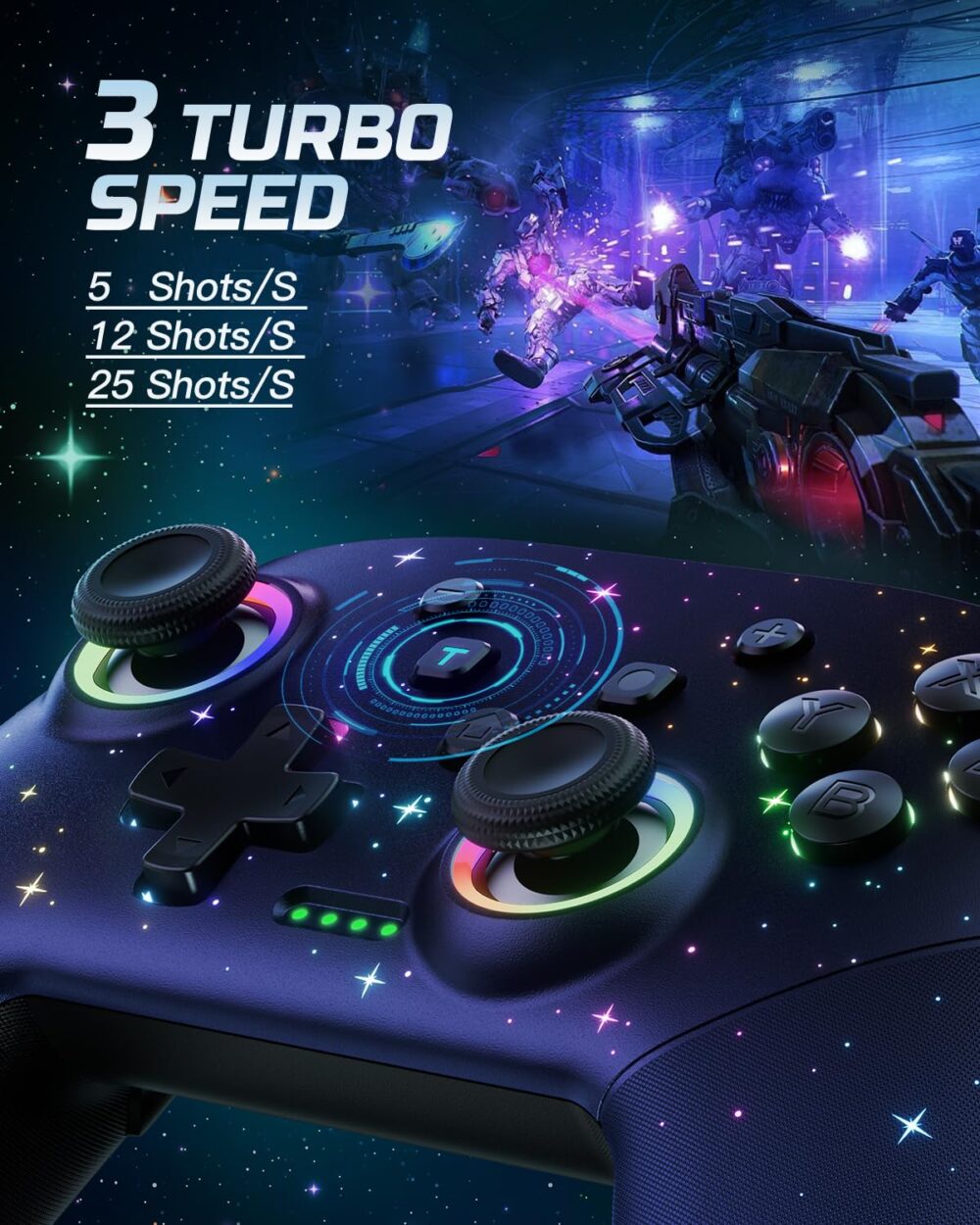 VOYEE Switch Controller, LED Star Wireless Pro Controllers Compatible with Lite/OLED, Multi-Platform Windows PC with 9 Colors Colorful RGB Lights/Programmable/Vibration/Turbo/Wakeup - Image 4