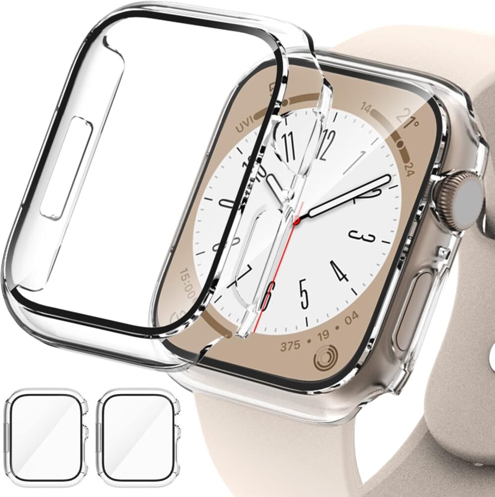 2 Pack Hard PC Case for Apple Watch Series 9 Series 8/7 45mm Screen Protector, EWUONU Tempered Glass Film Hard Bumper Anti-Scratch HD Ultra-Thin Protective Cover for iWatch Series 9/8/7 45mm, Clear - Image 2