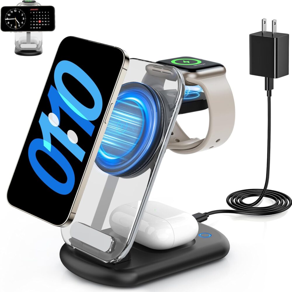 2025 Traveling Wireless Mag-safe Fast Charging Station,Magnetic 3 in 1 Charger with Light for iPhone 16 15 14 13 12 Pro Max Plus,Apple Watch Series & Air pods 4 3 2 Pro-Gifts for Wife & Husband(Black) - Image 2