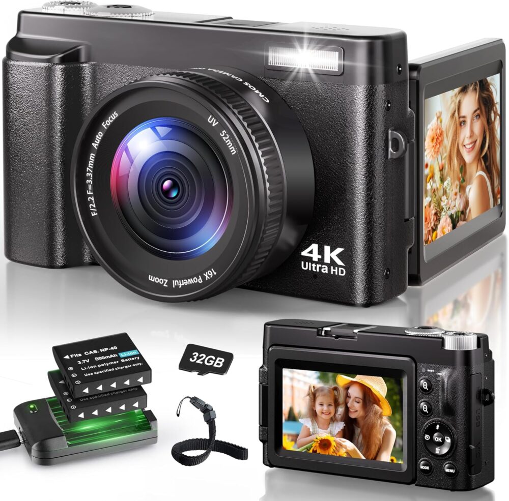 4K Digital Camera for Photography, 48MP Autofocus Vlogging Camera for YouTube with 3'' 180°Flip Screen, 16X Digital Zoom Anti-Shake with SD Card, 2 Batteries & Charging Stand - Image 2