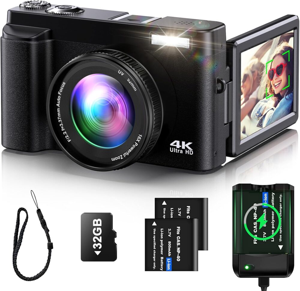 4K Digital Camera for Photography Auto-Focus Vlogging Camera for YouTube Video with 3'' 180° Flip Screen 16X Anti-Shake 4K Camera Compact Cameras with SD Card, Flash, 2 Batteries & Battery Charger - Image 2