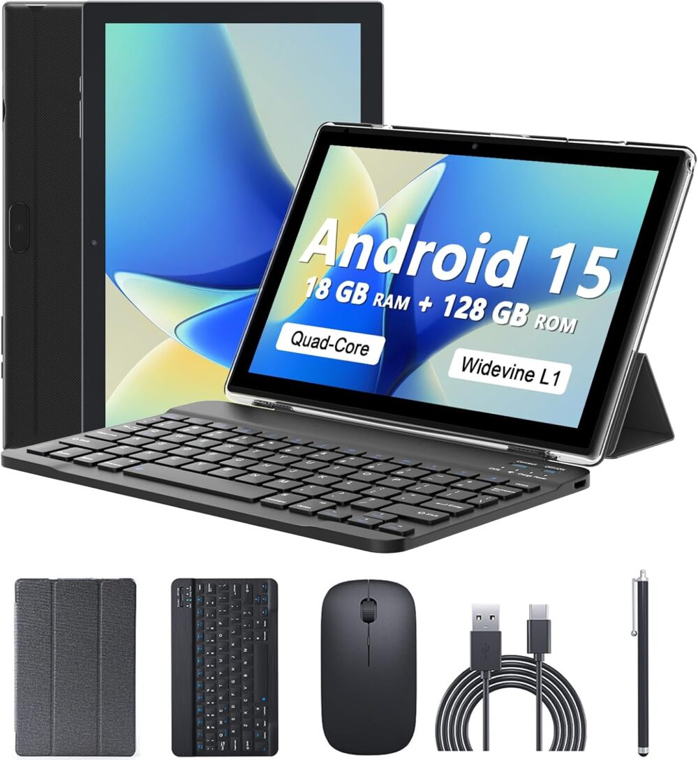 Android 15 Tablet 10 Inch, 18GB RAM+128GB ROM/2TB Expandable, 2 in 1 Tablets with Keyboard Case Mouse Stylus, 2.0GHz Quad-core Processor, 1280*800 IPS HD Screen, 5G WiFi 6 BT 5.0, 8MP Camera Tablet PC - Image 2