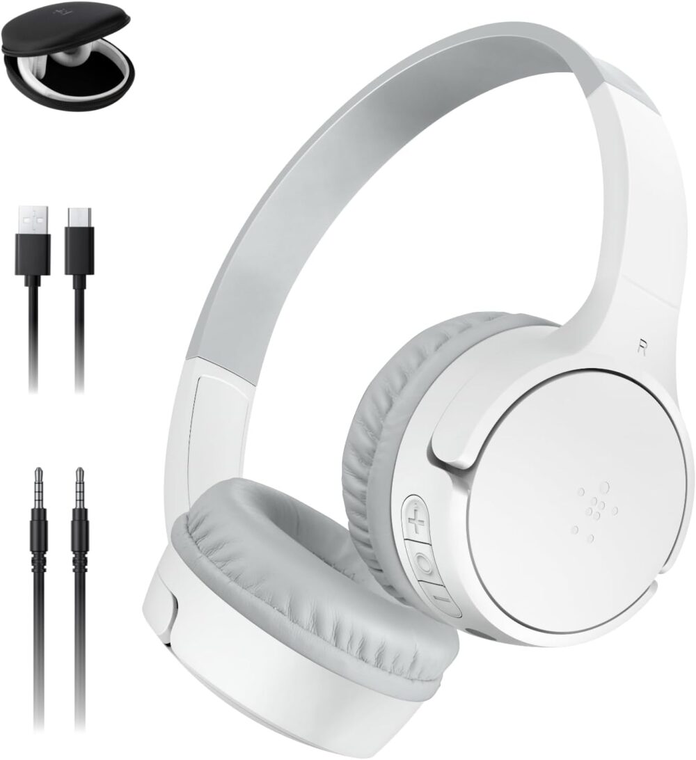 Belkin SoundForm Mini Kids Wireless Headphones w/Built-in Microphone, 30H of Playback Time, Fun Stickers, & Case - Over-Ear Headsets for Online Learning, School, iPhone, iPad, Galaxy, & More - White - Image 2