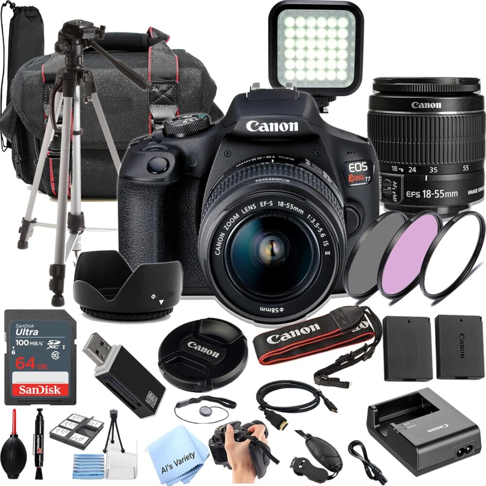 Canon EOS Rebel T7 DSLR Camera Kit with EF18-55mm Lens + 64Gb Memory, LED Video Light, Case, Tripod, Filters, Grip & More(30pc Bundle) (Renewed) - Image 2