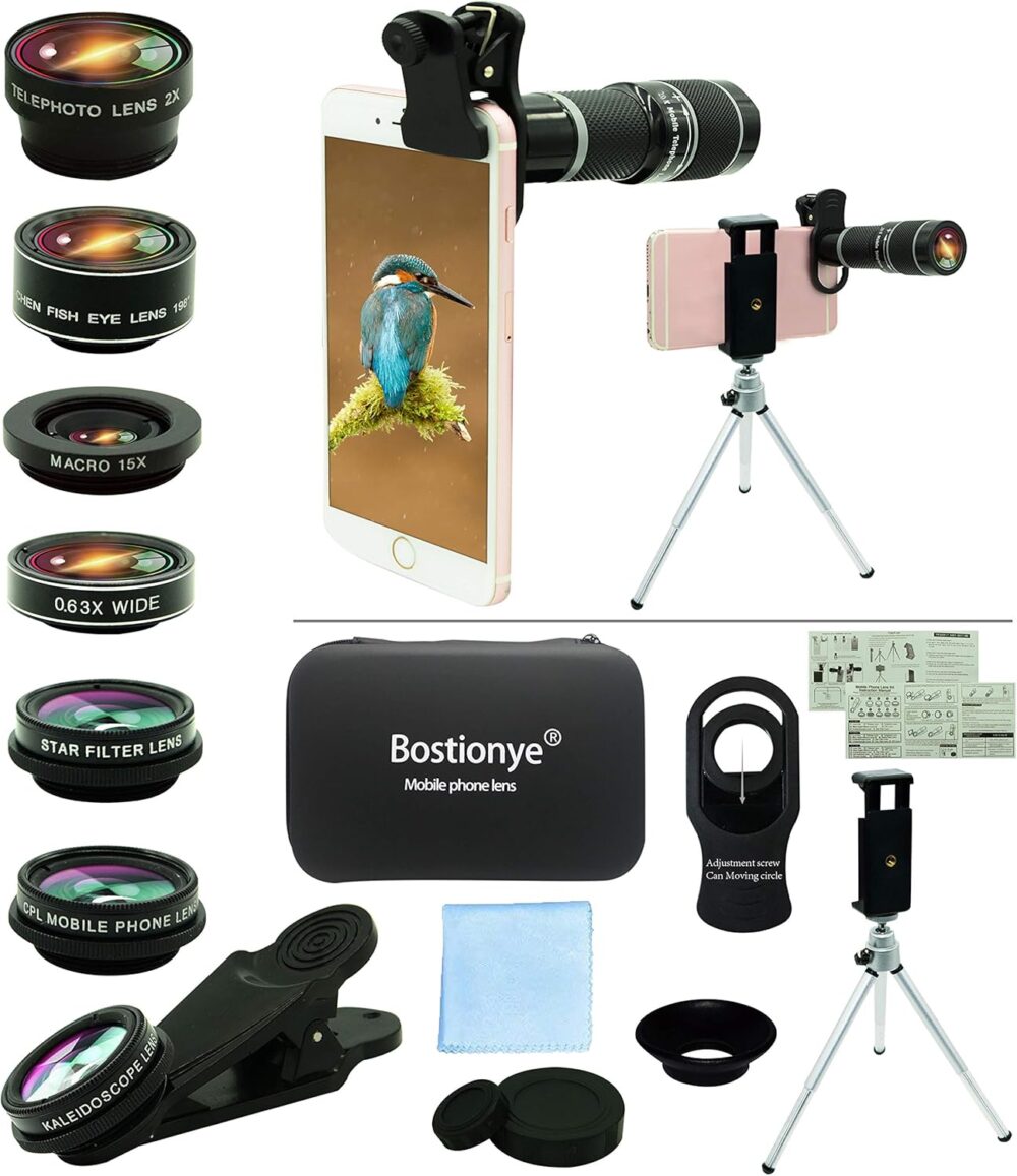 Cell Phone Camera Lens Kit,11 in 1 Universal 20x Telephoto 0.63Wide Angle 15X Macro 198°Fisheye 2X Telephoto Kaleidoscope CPL Starlight Eyemask Tripod,for Most iPhone Smartphone (Black) - Image 2