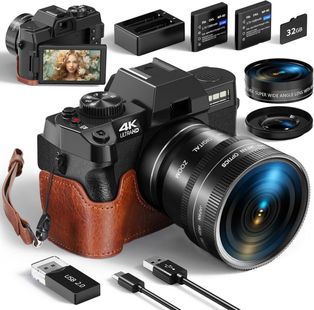 Digital Camera for Photography and Video,4K 48MP Vlogging Camera for YouTube with 180° Flip Screen,16X Digital Zoom,52mm Wide Angle,Leather Hold & Strap, 2 Batteries, 32GB TF Card - Image 2