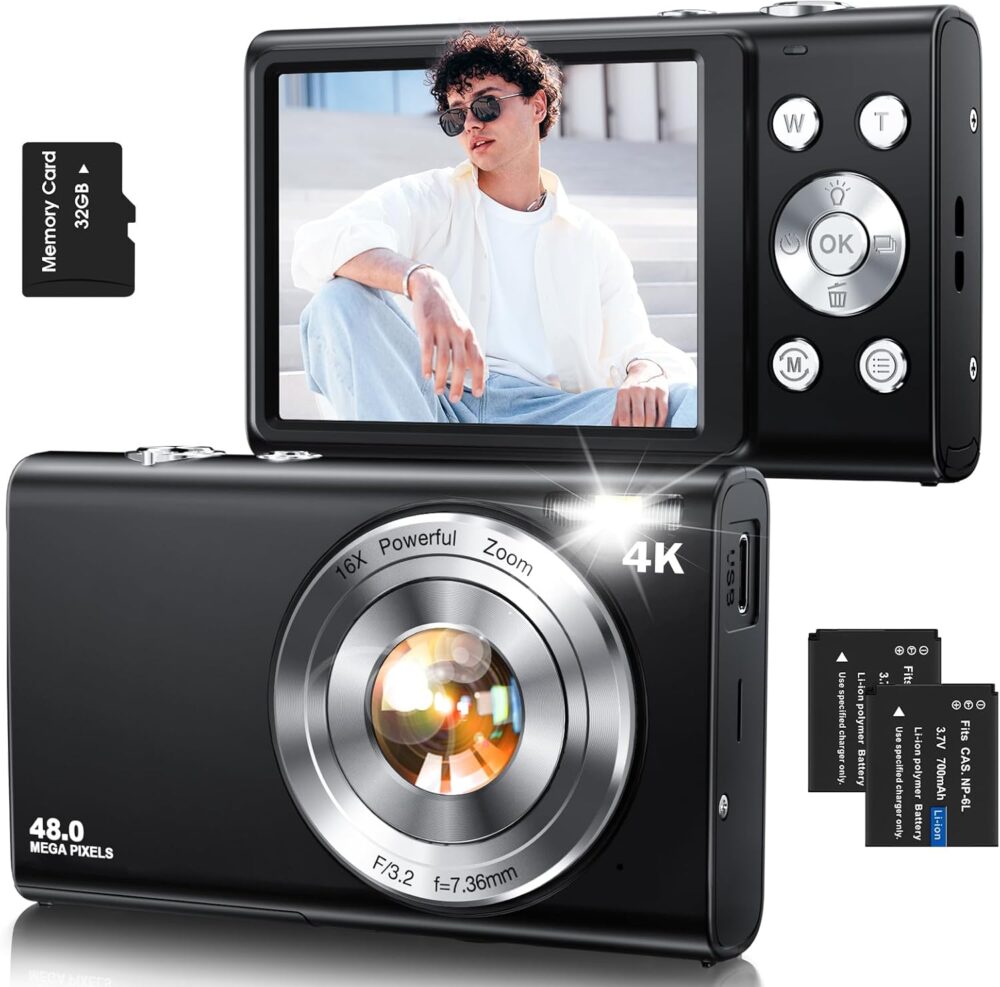 Digital Camera,Autofocus 4K Vlogging Camera for Photography with 32GB Card,48MP Portable Compact Point and Shoot Digital Camera for Teens Adult Beginner with 16X Zoom,Anti-Shake,2 Batteries(Black) - Image 2
