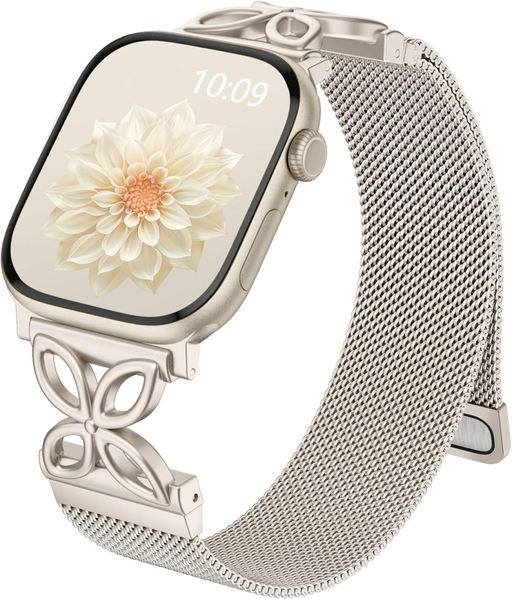 Getino Mesh Loop Compatible with Apple Watch Bands for Women 40mm 41mm 42mm 44mm 45mm 46mm 49mm 38mm Series 10 9 8 7 6 5 4 3 2 1 SE, Metal Stainless Steel Magnetic Strap for iWatch Bands, Starlight - Image 2