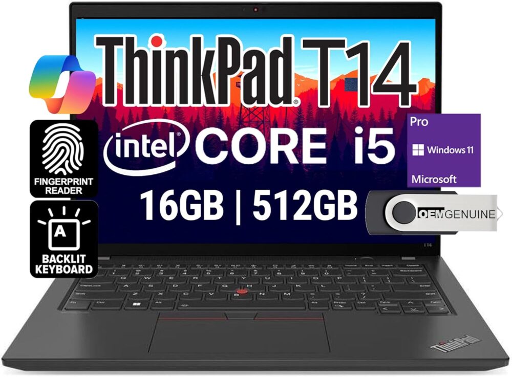Lenovo ThinkPad T14 Business Laptop (14" FHD+ IPS, Intel 10 Core i5-1335U, 16GB RAM, 512GB SSD) 5MP Webcam, 2 Thunderbolt 4, 2024 AI PC, Win 11 Pro w/USB Drive - Image 2