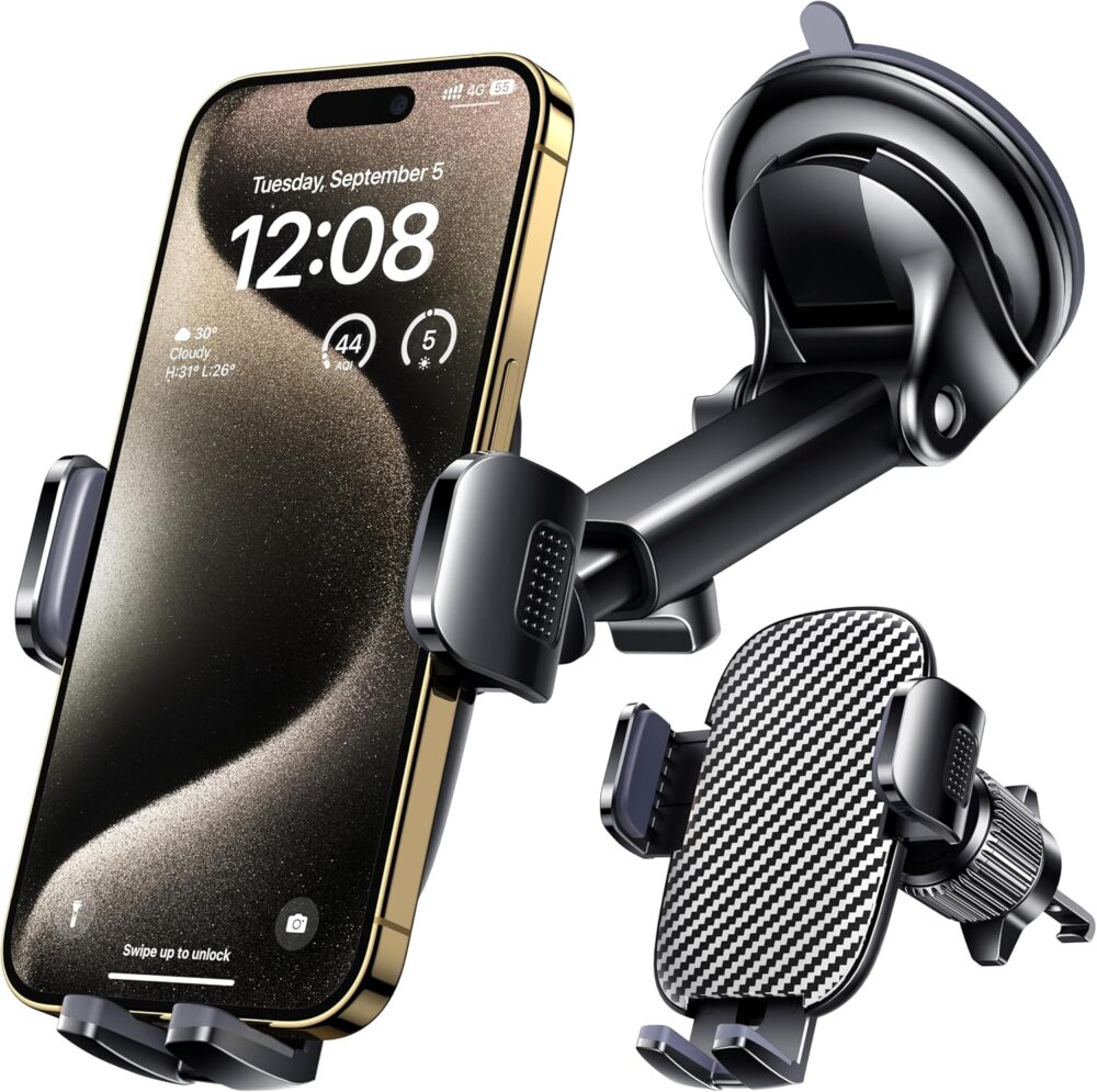 Qifutan Car Phone Holder Mount Phone Mount for Car Windshield Dashboard Air Vent Universal Hands Free Automobile Cell Phone Holder Fit for iPhone Smartphone Carbon Fiber - Image 2