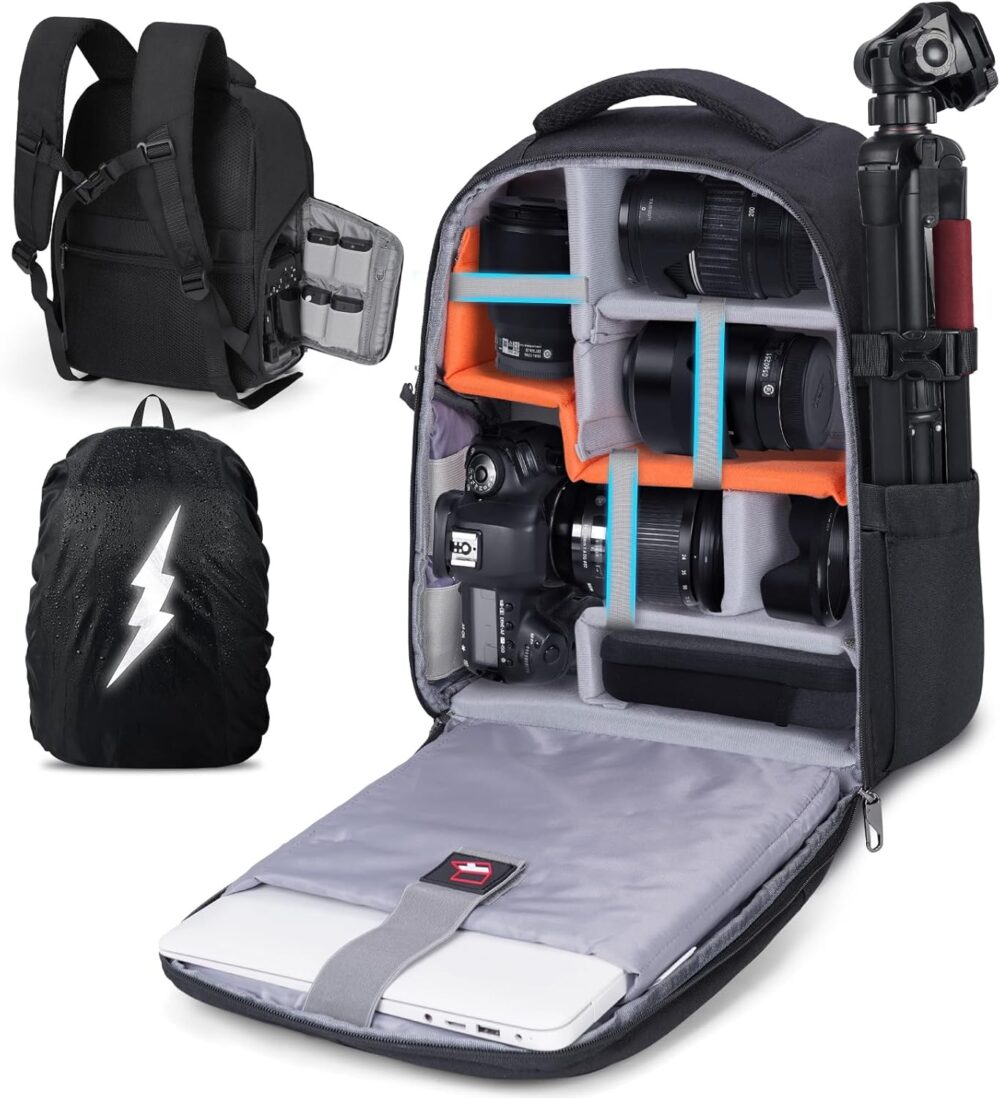 RAINSMORE Camera Backpack Camera Bag for DSLR/SLR Mirrorless 14 Inch Laptop Camera Backpack for Photographers Anti-theft Photography Bag with Rain Cover, Tripod Holder, Black - Image 2