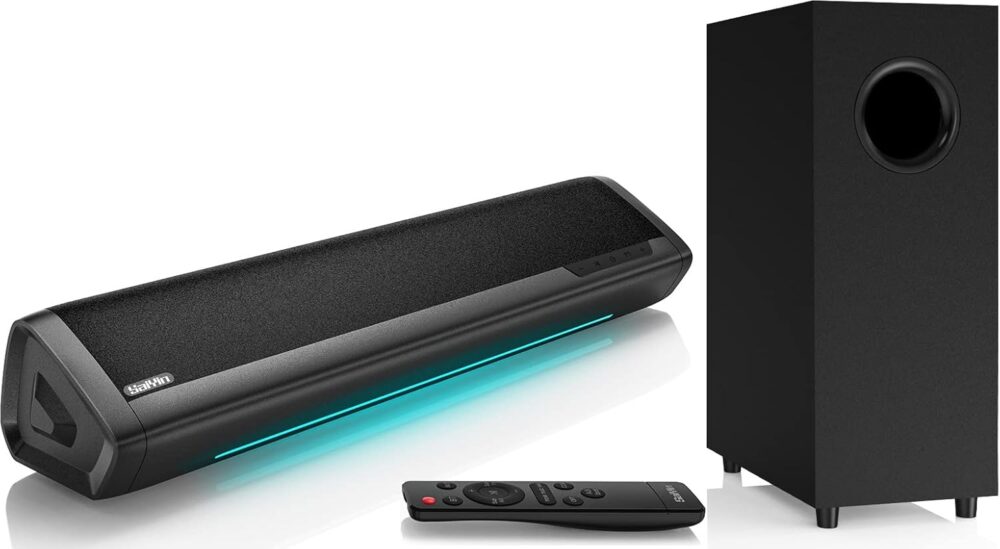 Saiyin Sound Bars for TV with Subwoofer, 2.1 Deep Bass Small Soundbar Monitor Speaker Home Theater Surround System PC Gaming Bluetooth/AUX/Optical Connection, Wall Mountable 17-inch - Image 2