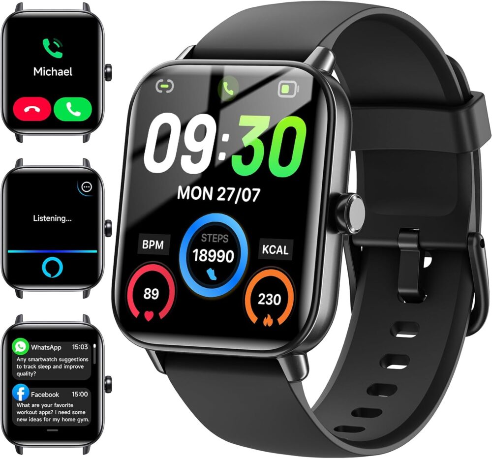 Smart Watches for Men Women Android & iPhone, Alexa Built-in, 1.85" Fitness Tracker with Answer/Make Calls, IP68 Waterproof Fitness Watch,Heart Rate, Sleep, SpO2 Monitor,Pedometer, Black - Image 2