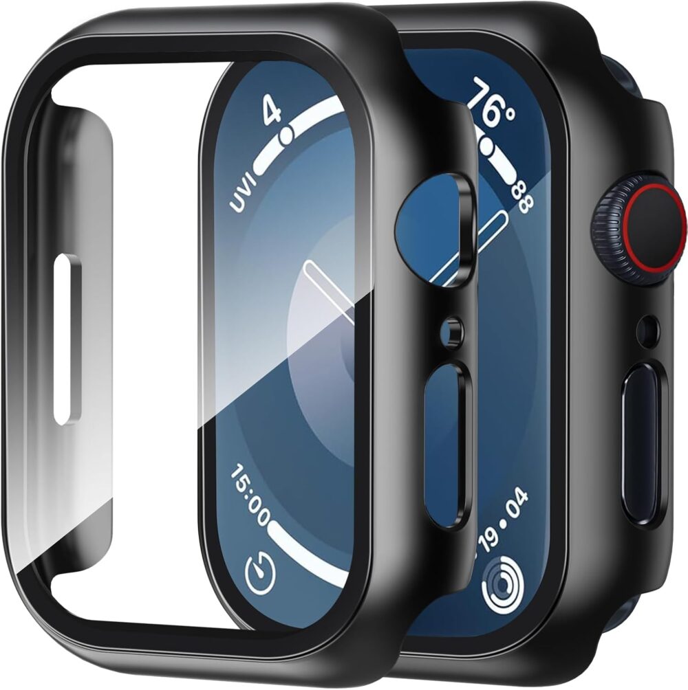 Smiling 2 Pack Case Built in Tempered Glass Screen Protector Compatible with Apple Watch SE 2/SE/Series 6/Series 5/Series 4 44mm, Hard PC Case Overall Protective Cover- Black - Image 2