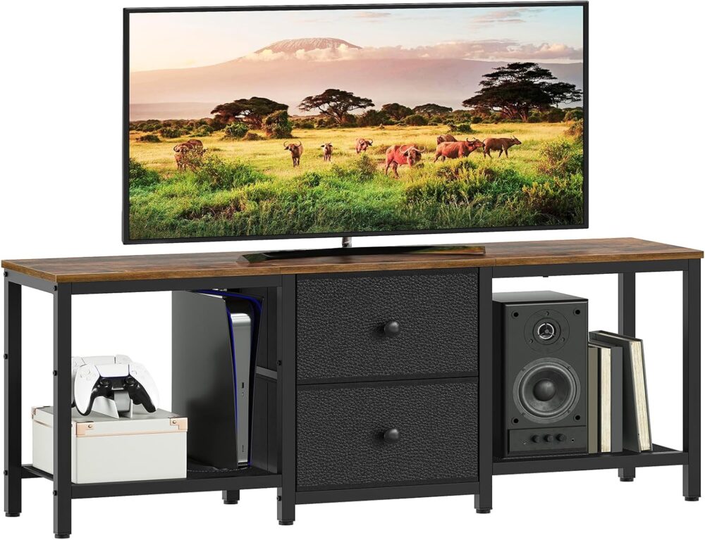 TV Stand for TVs up to 55", Entertainment Center with 2 Fabric Drawer, Media Console with Shelves, Television Stands for Living Room, Bedroom, Rustic Brown and Black DS02BR - Image 2
