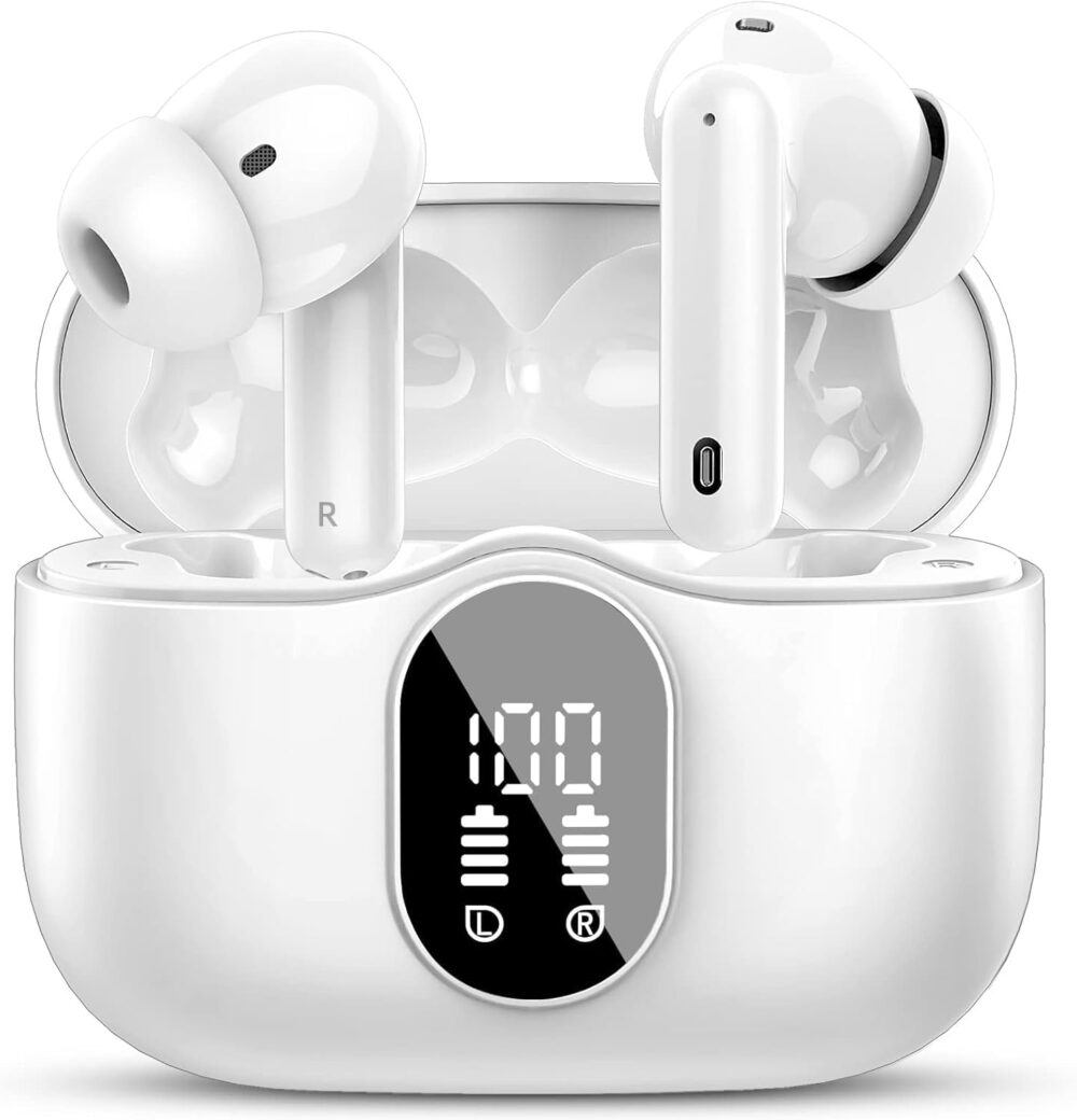 Wireless Earbuds Bluetooth 5.4 Headphones Bass Stereo Ear Buds with Noise Cancelling Mic LED Display in Ear Earphones IP7 Waterproof 36H Playtime for Laptop Pad Phones Sports Workout White - Image 2