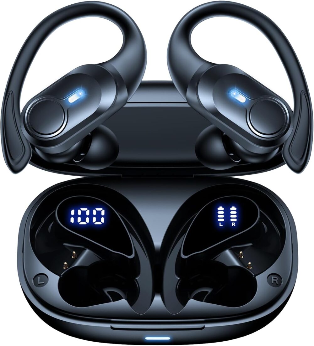 Wireless Earbuds Bluetooth Headphones Ear Buds 70H Playback Digital Display Wireless Charging Case Deep Bass Earphones Over Ear Sport Waterproof Bluetooth Headset for Workout Running Black - Image 2