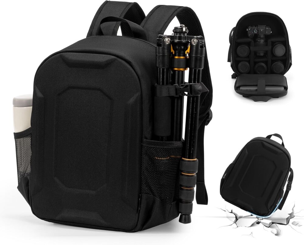 YaKuss Hard Shell Camera Backpack, Shockproof Camera Bag Case with Tripod Strap, for 14" Laptop, Camera Backpacks for Photographers,for Canon Nikon Sony SLR DSLR Mirrorless Camera, Lenses, M, Black - Image 2