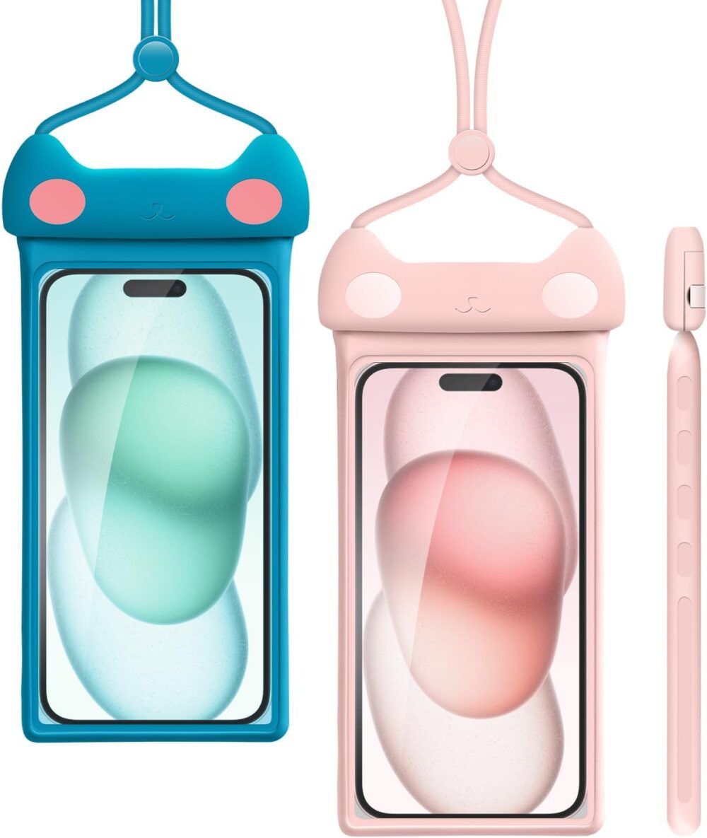 wellhouse Waterproof Phone Pouch, Waterproof Phone Case for iPhone 16 15 14 13 12 Pro Max XS Samsung, IPX8 3D Cellphone Dry Bag Beach Essentials (2 Pack - Meow Pink & Blue7.0, 7 inch) - Image 2